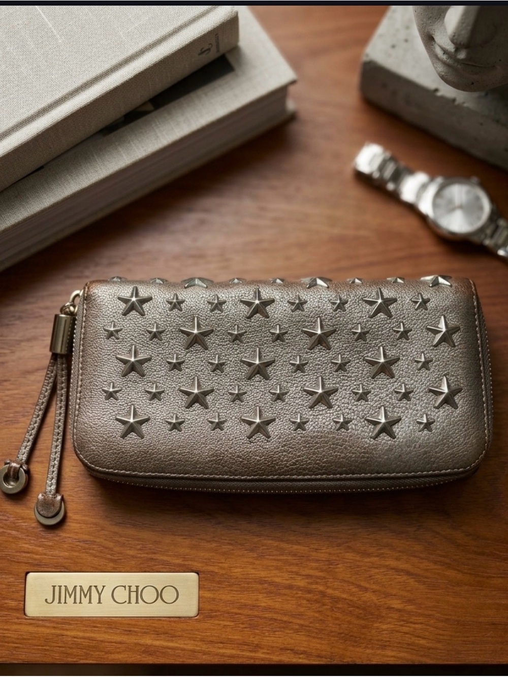 Jimmy Choo Filipa Metallic Silver Star-Studded Zip-Around Continental Wallet